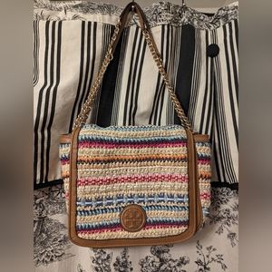 Tory Burch Stripe Raffia and Leather Marion Woven Shoulder Crossbody Bag